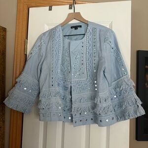 Boston Proper Blue Embroidered Fringe Cropped Jacket Boho